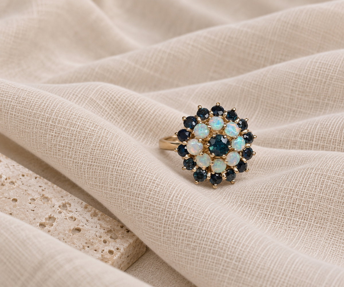 Sapphire and Opal Halo Ring