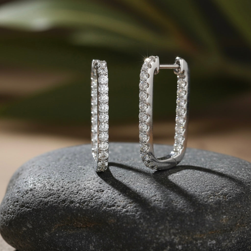 14K White Gold Diamond Hoops