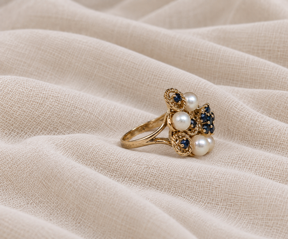 Extravagant Sapphire and Pearl Cocktail Ring