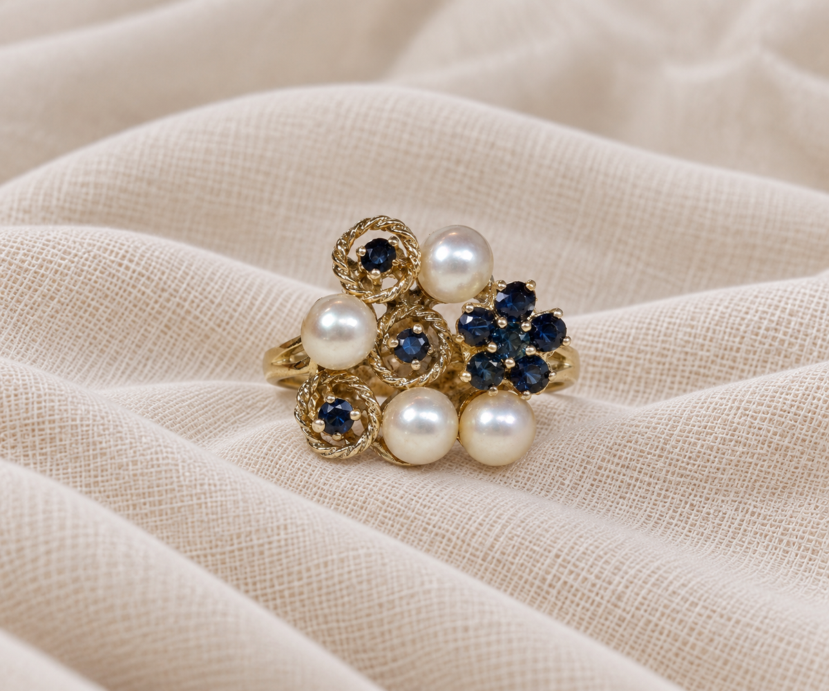 Extravagant Sapphire and Pearl Cocktail Ring