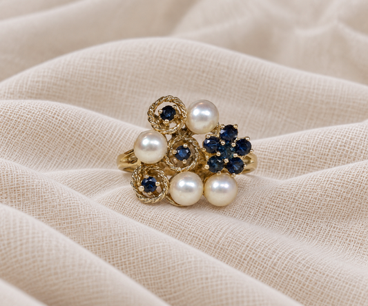 Extravagant Sapphire and Pearl Cocktail Ring